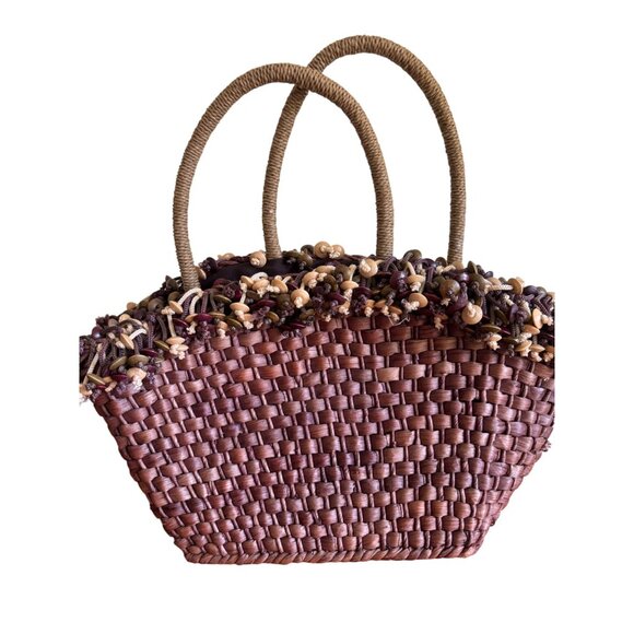 Woven Straw Handbag With Beaded Fringe Retro Vintage - Picture 1 of 11